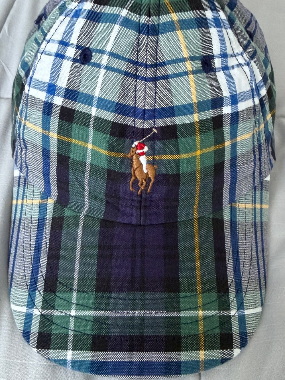 Polo by Ralph Lauren Navy, Green & White Plaid Cap with Brown Leather Strap - Picture 2 of 5